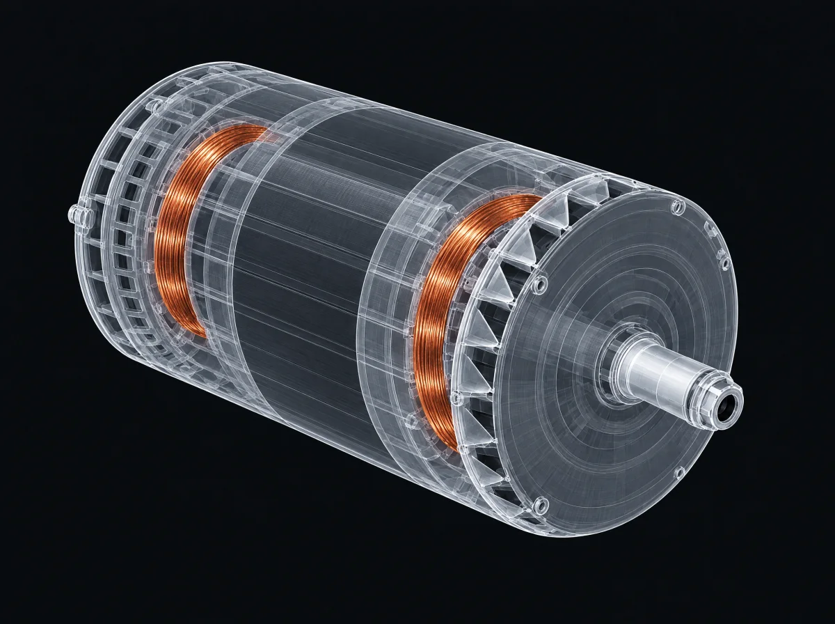 Ghost drawing of an ALMOTT brushless alternator with its two excitation coils in copper